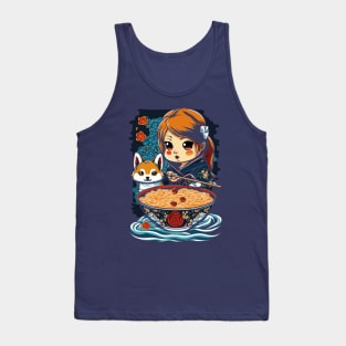 Cute kawaii girl with Shiba Inu dog loves ramen Tank Top